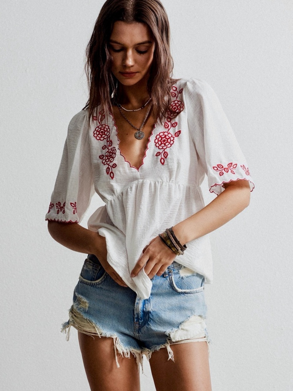 ♥️Hello Gorgeous! Embroidered Floral V-Neck Blouse - White